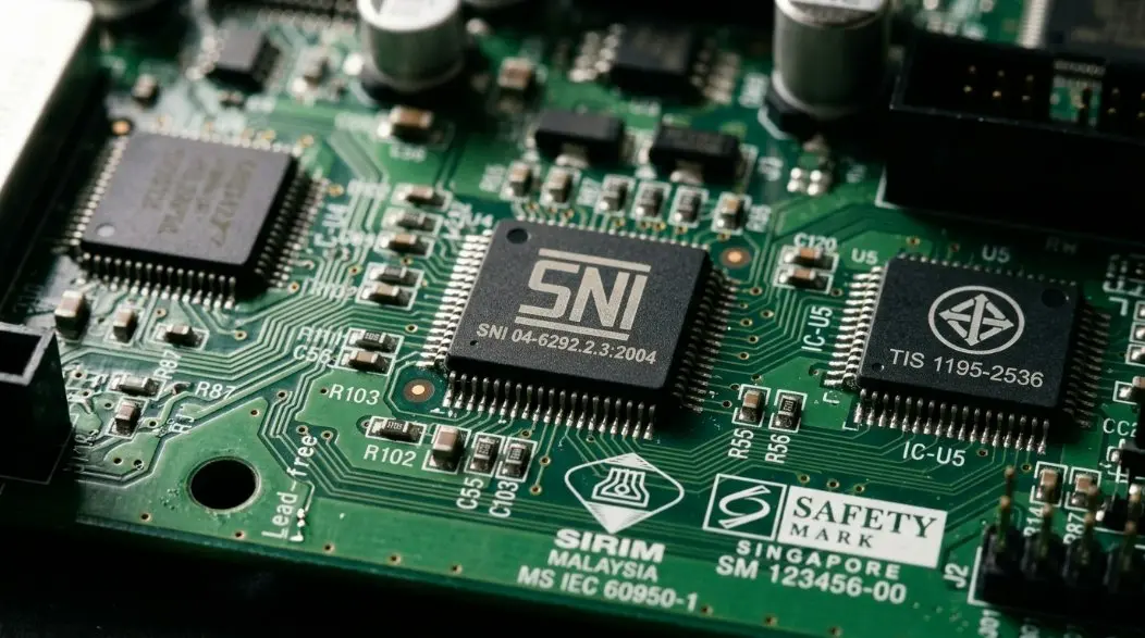 Infographic showing various national safety certification logos for Indonesia, Thailand, Malaysia, and Singapore on a circuit board background.